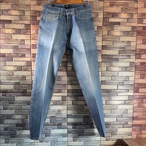 Mens Used Lee Blue Relaxed Fit Heavy Starched Jeans with Some Distressing 32x34